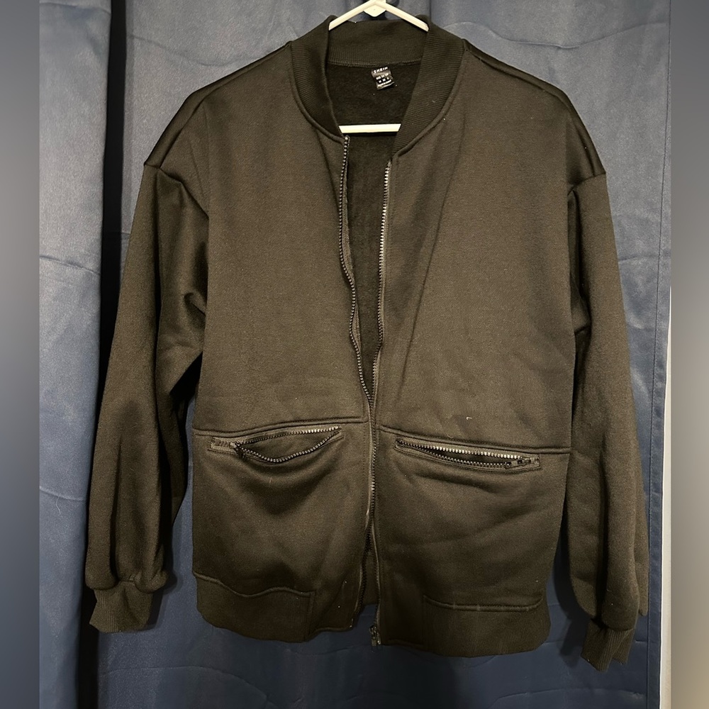 Shein black zip pocket drop shoulder bomber jacket